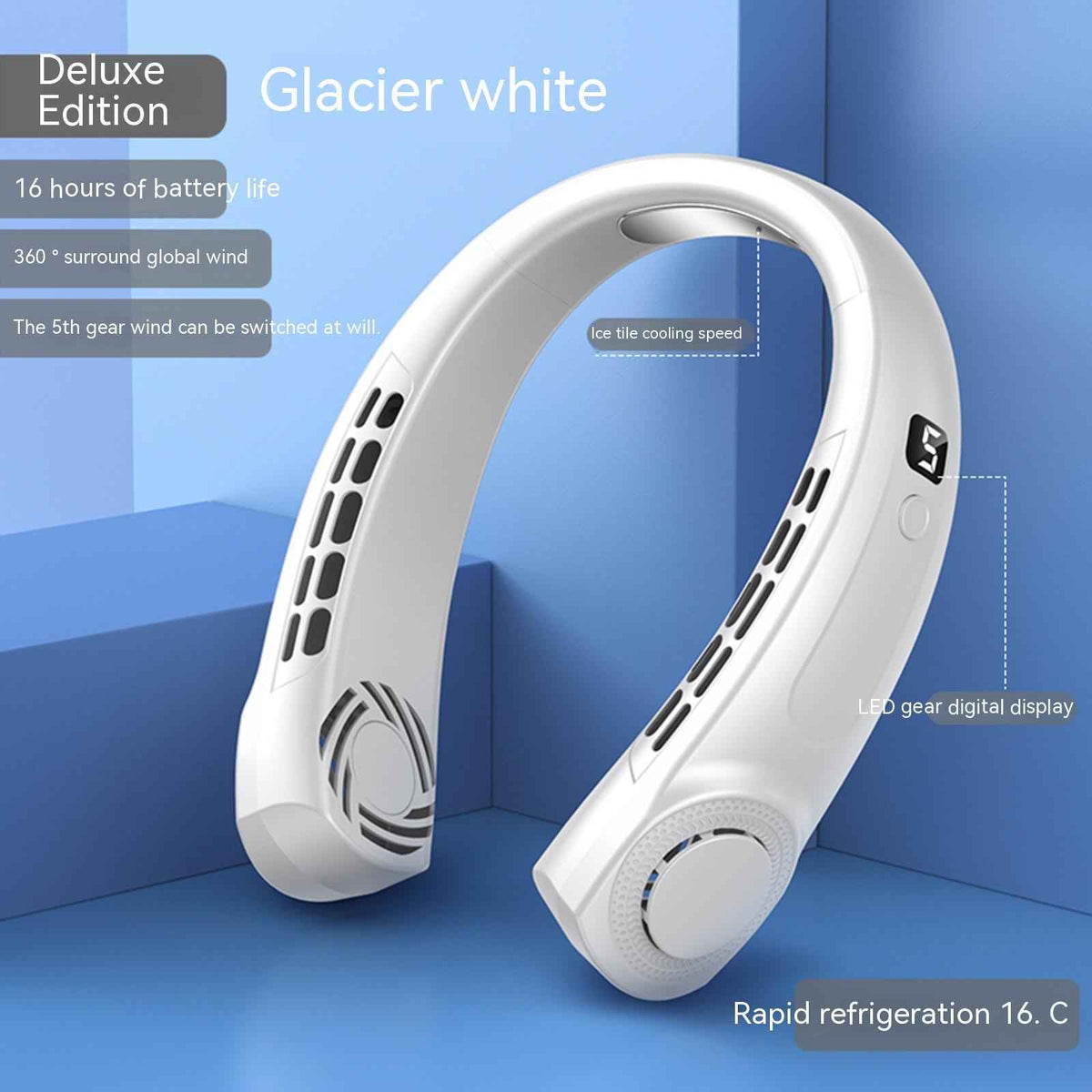 Portable Bladeless Neck Fan USB Rechargeable – Hands-Free Personal Cooling Fan with 5 Speeds & LED Ambient Light