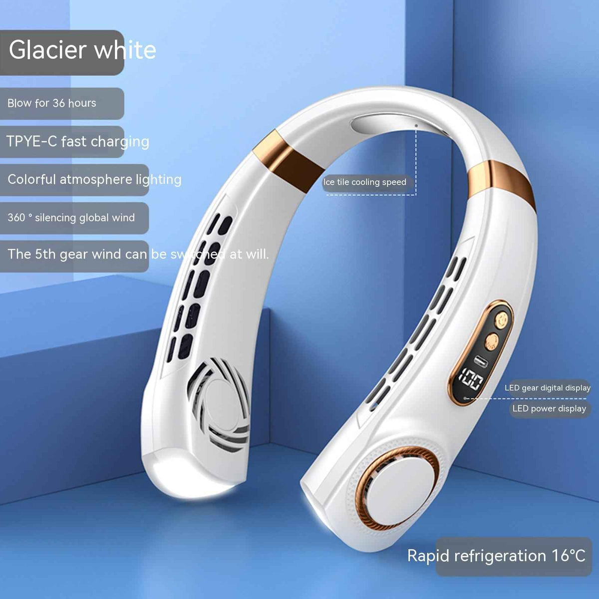 Portable Bladeless Neck Fan USB Rechargeable – Hands-Free Personal Cooling Fan with 5 Speeds & LED Ambient Light