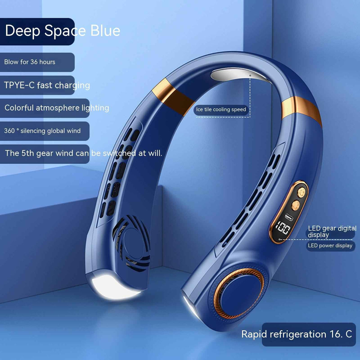 Portable Bladeless Neck Fan USB Rechargeable – Hands-Free Personal Cooling Fan with 5 Speeds & LED Ambient Light