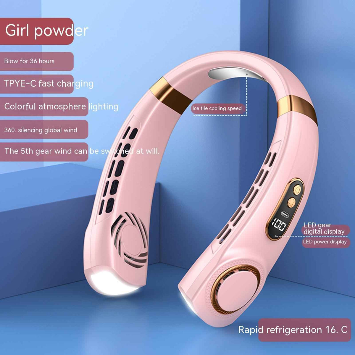 Portable Bladeless Neck Fan USB Rechargeable – Hands-Free Personal Cooling Fan with 5 Speeds & LED Ambient Light