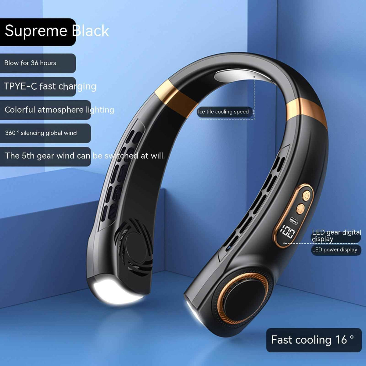 Portable Bladeless Neck Fan USB Rechargeable – Hands-Free Personal Cooling Fan with 5 Speeds & LED Ambient Light